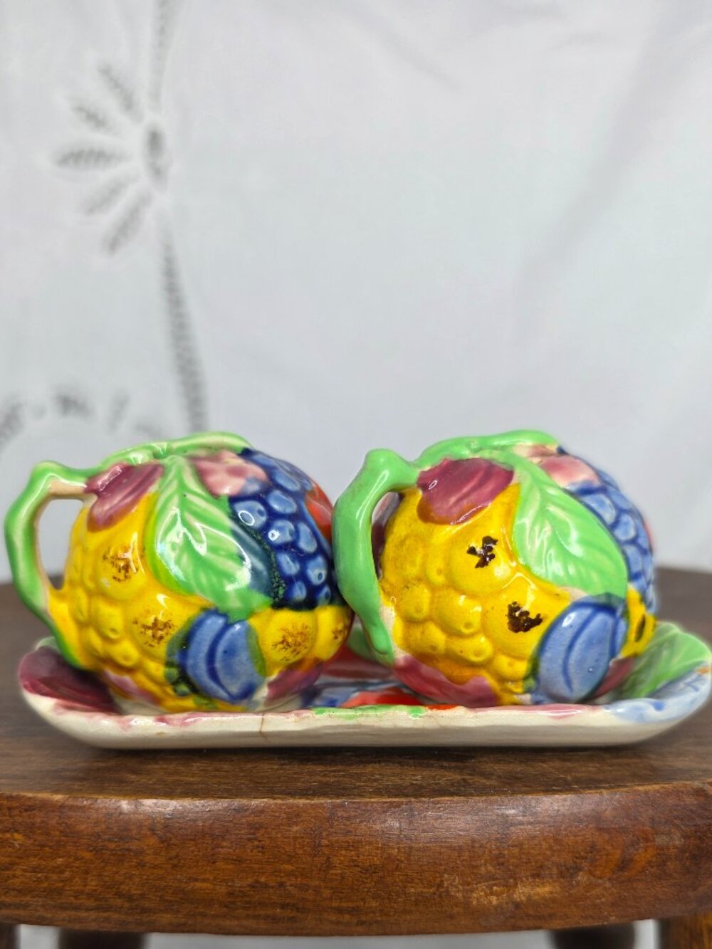 Vintage Majolica Salt and Pepper Shakers with Tray Made in Japan Cottagecore